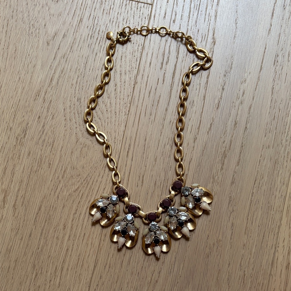 J Crew Gold Tone Floral Statement Necklace with Clear and Cream Stones